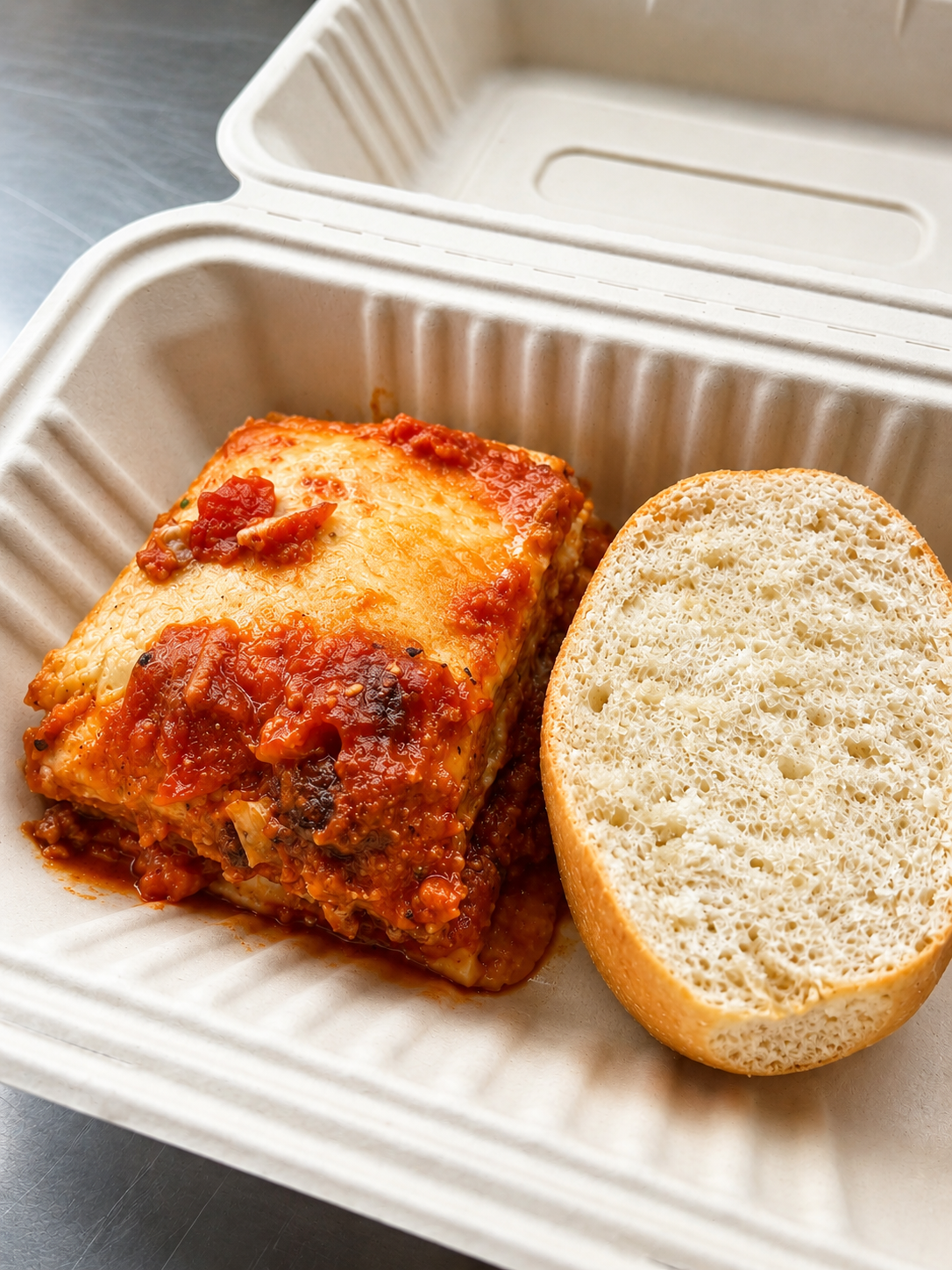 Takeout container with a slice of lasagna and Italian bread
